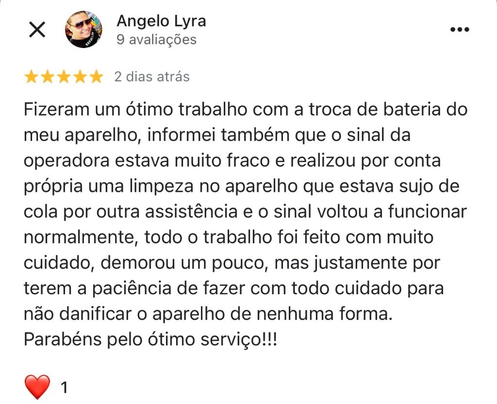 Avaliação 5 estrelas de Angelo Lyra no Google — ótimo trabalho no atendimento de bateria e limpeza cortesia do sinal de operadora